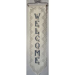 Wall/Door Hanging Fabric Lace‎ Welcome Sign Metal Wood Hanger 34 " x 7.5"